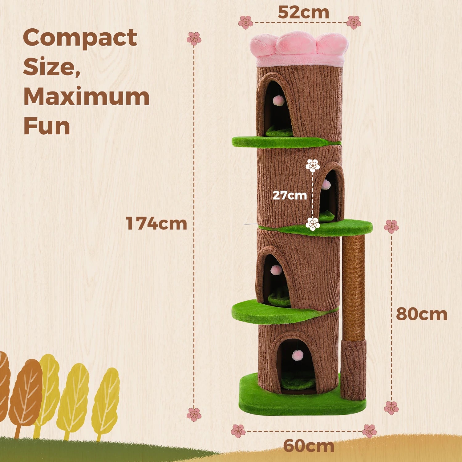 Tall Cat Tower Forest Cat Tree with Flower Top Perch,Thick Scratching Post,4 Cozy Condos Suitable for Large Heavy Cats,Cat Toys