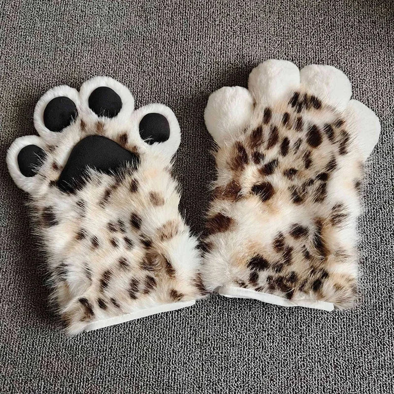 Faux Fur Snow Leopard Claws Fursuit Colorful Furry Cat Paw Halloween Dress Up Cosplay Costume Nail Tiger Claw Lolita Mittens