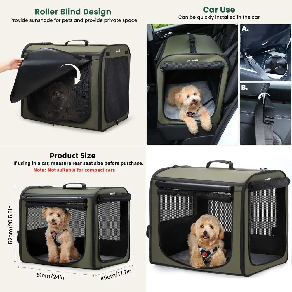 Lightweight Foldable Dog Carrier, 24x17.7x20.5in, Portable Breathable Crate, Easy Assembly, Green Travel Pet Carrier for Indoor