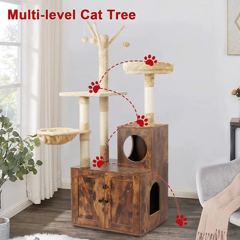 2-in-1 Wooden Cat Tower with Litter Box, Sisal Scratching, Hammock, Brown