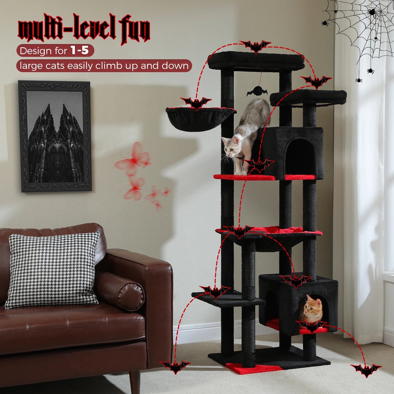 Gothic Cat Tree Black Cat Tower with Comfortable Condo,Natural Sisal Cat Scratching Post Perfect for Indoor Cats,Cat Accessories