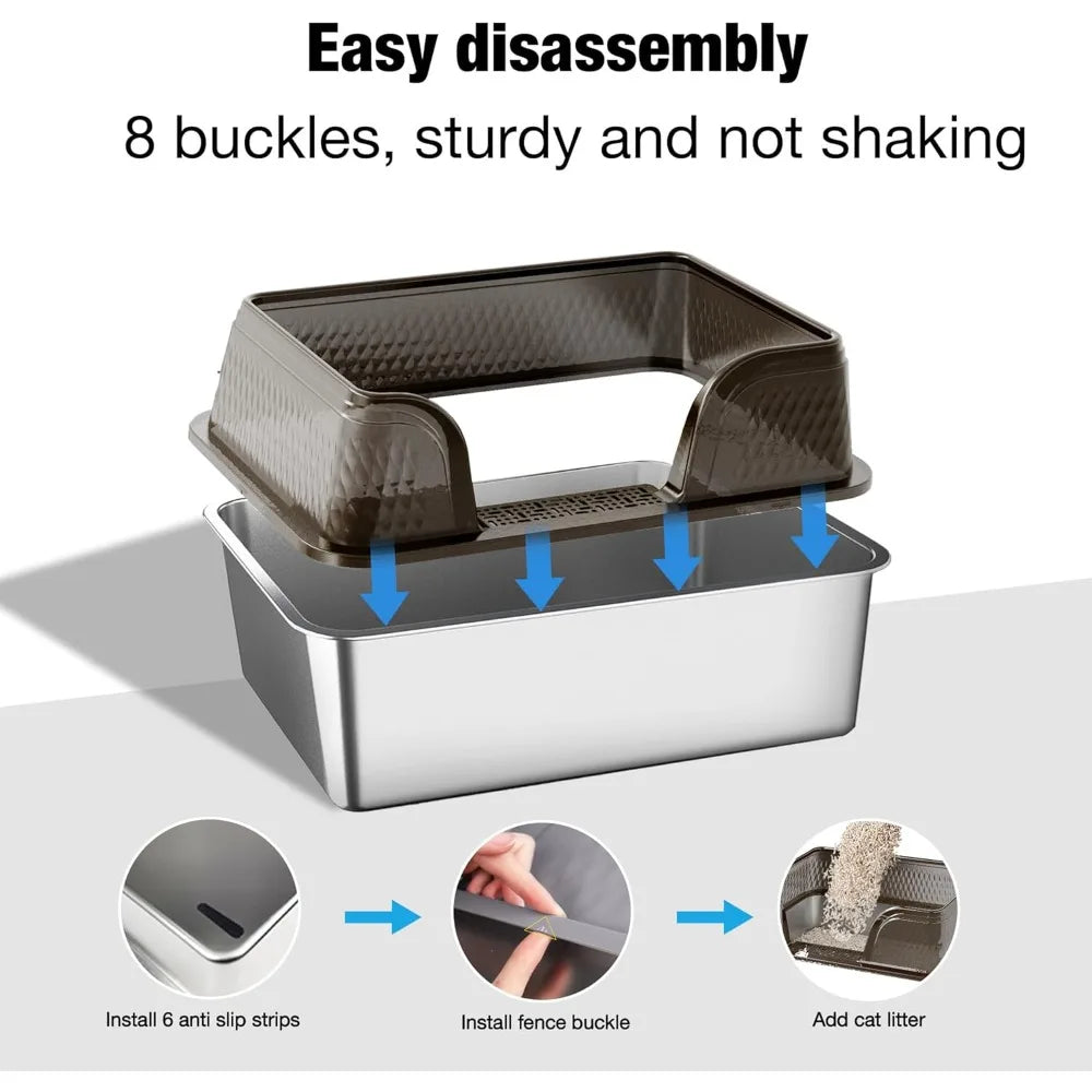 Extra Large High-Sided Cat Litter Box with Lid, Litter Mat, and Litter Scoop - XXL Stainless Steel, Anti-Urine Smell, Pet Suppli