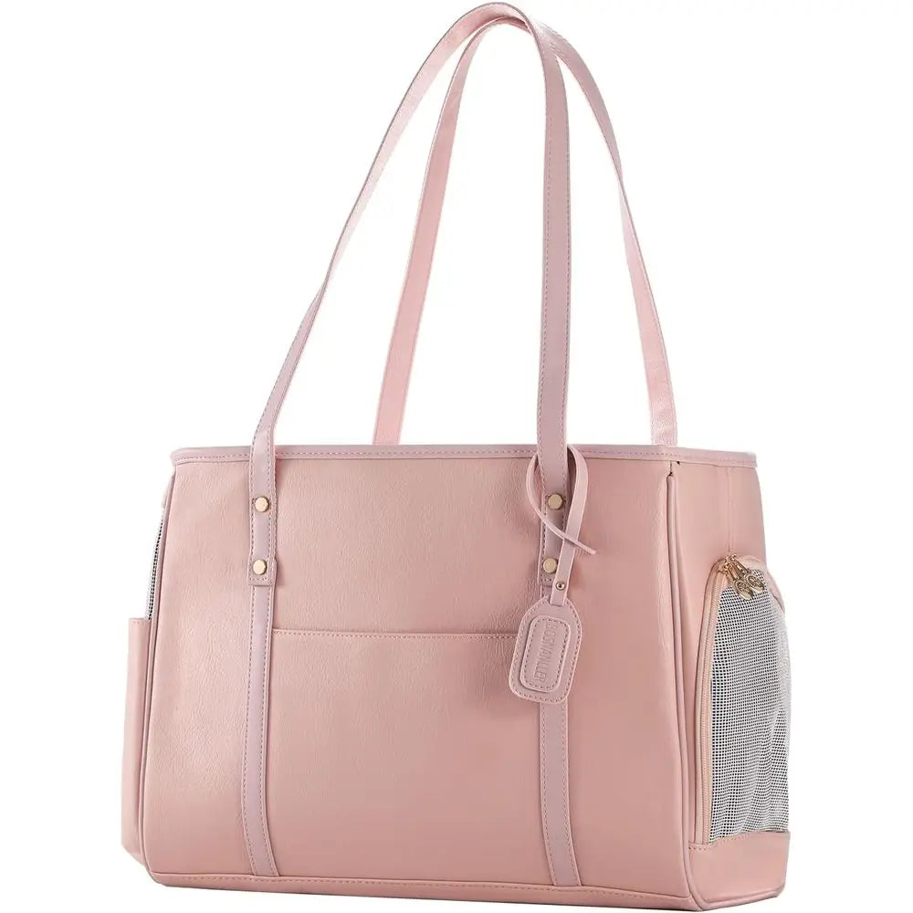 Fashion Dog Carrier Purse, Premium Leather Cat Carrier Bag, Airline Approved Soft Sided Pet Travel Tote Bag with Pockets Pink