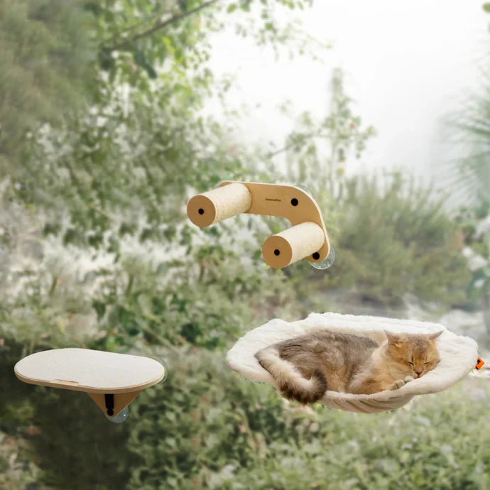 Mewoofun Cat Window Perch Hammock with Climbing Steps and Scratching Post Wooden Window Mounted Cat Bed for Indoor Cats