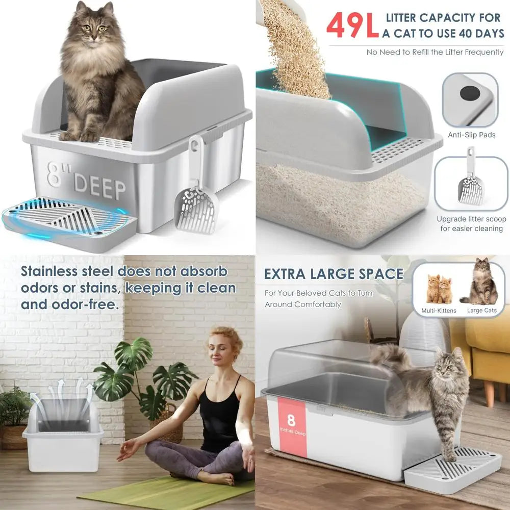 Extra Large Deep Stainless Steel Litter Box with Lid for Big Cats - XL Metal Pan with High Sides for Pet Waste Management