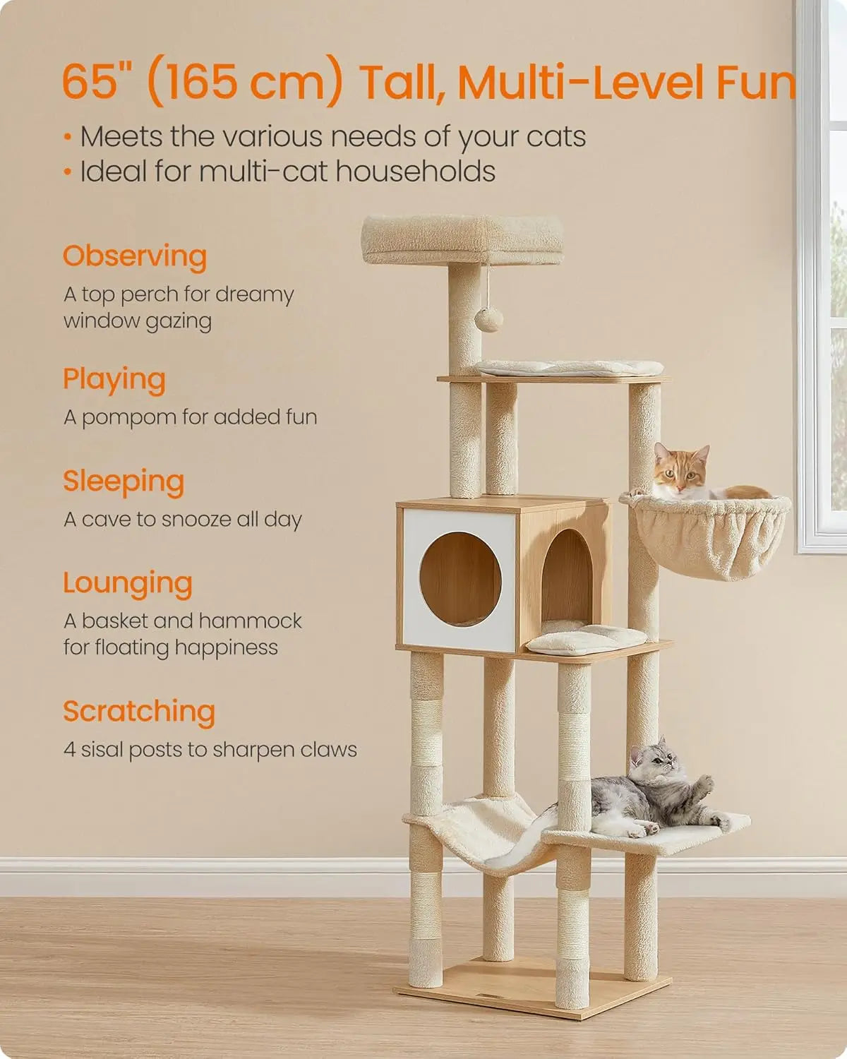 65-Inch Tall Cat Tree with Multi-Level Condo, Cave, Basket, Hammock, Scratching Posts in Almond Yellow