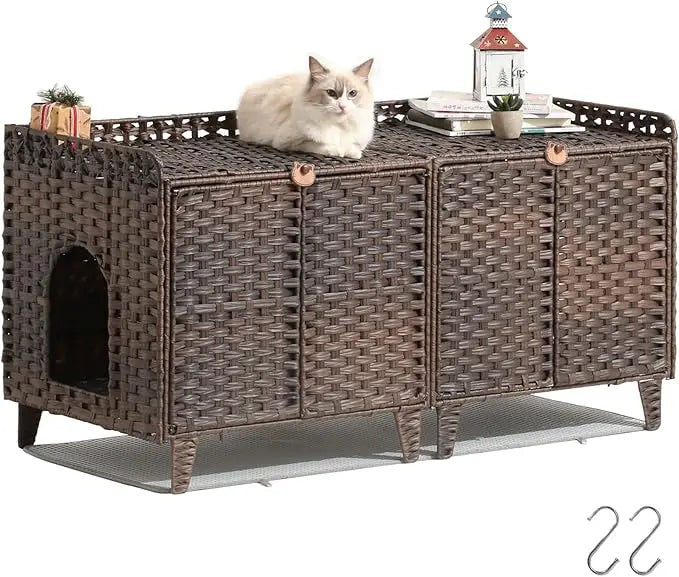 Cat Litter Box Enclosure for 2 Cats, Double Litter Box Furniture with Litter Mat,Large Rattan Hidden Kitty Cat House with Double