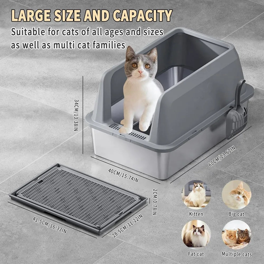 Large Stainless Steel Cat Litter Box with High Sides and Litter Mat for Easy Cleanup and Odor Control