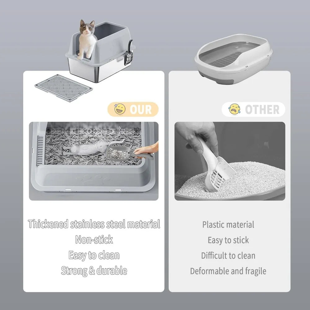 Large Stainless Steel Cat Litter Box with High Sides and Litter Mat for Easy Cleanup and Odor Control