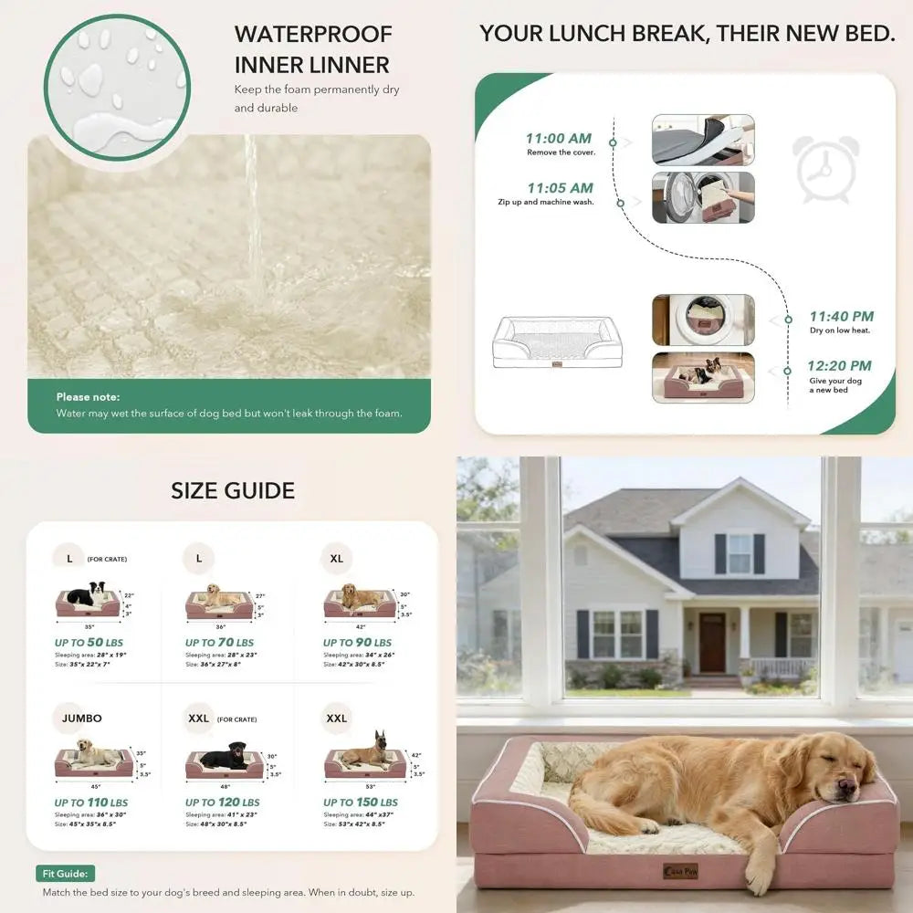 Extra Large Orthopedic Dog Bed, Waterproof Memory Foam, 45x35 Inch, Non-Slip, Washable Cover, Pink