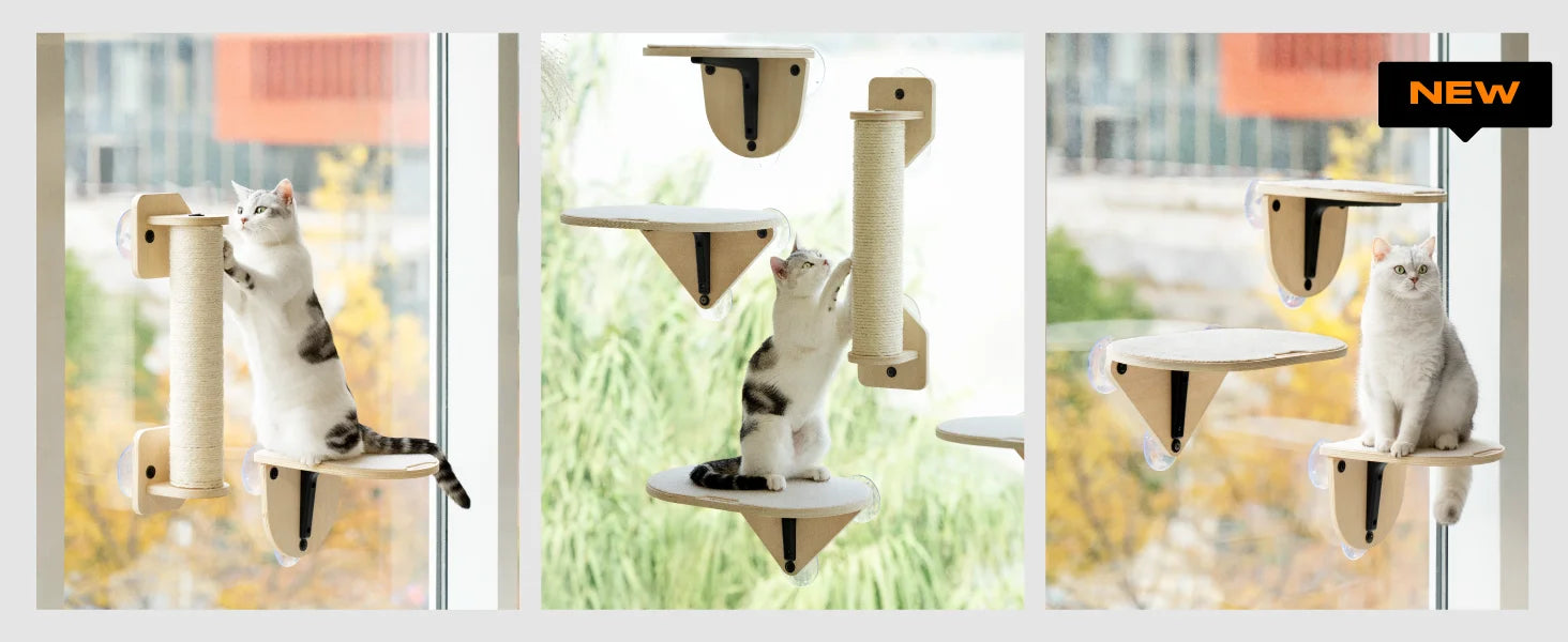 Mewoofun Cat Window Perch Hammock with Climbing Steps and Scratching Post Wooden Window Mounted Cat Bed for Indoor Cats