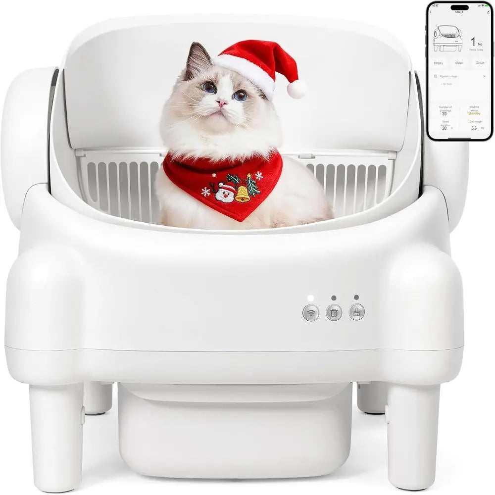 App-Controlled Open-Top Self-Cleaning Litter Box for Multiple Cats with Safety Sensors, Odor Control, 2 Liners, Large Bin - Crea