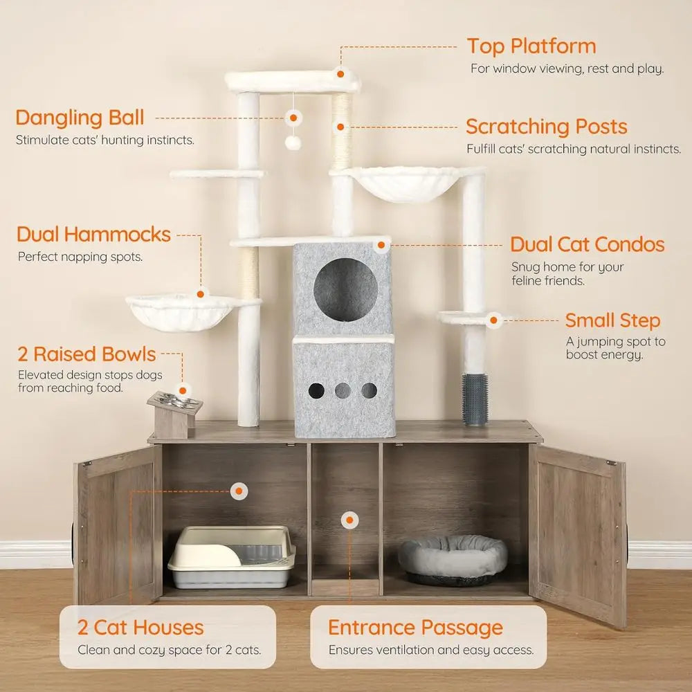 Cat Tree with 47.2 Dual Litter Box Enclosure, 63.4 Tall Multi-Functional Tower for Cats, Hidden Litter Box Enclosure Furniture,