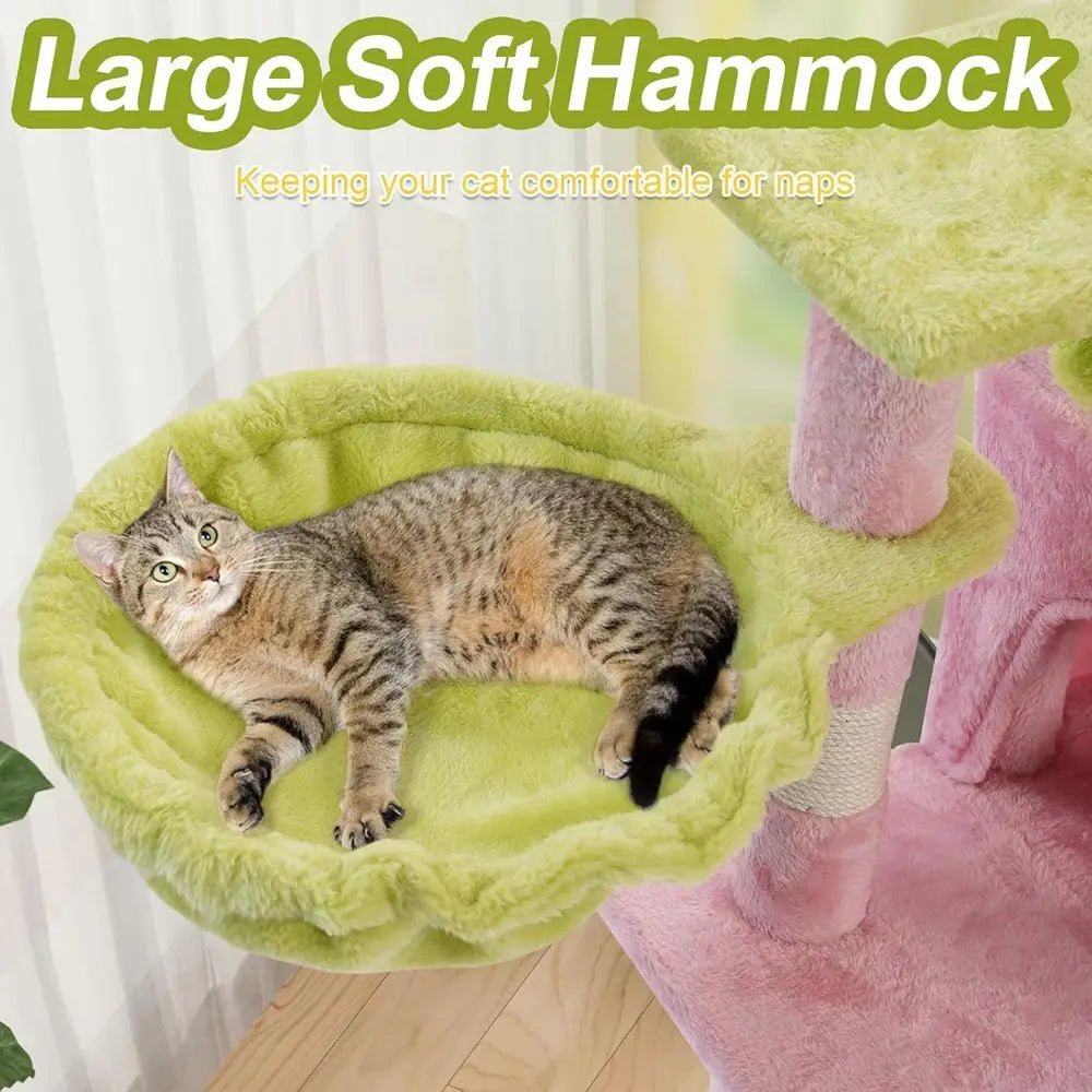 Pink Flower Perch Cat Tower for Large Indoor Cats, 41 Metal Frame Tree with Hammock and Scratching Post