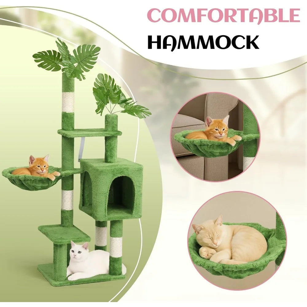 Indoor Cat Tree with Leaves, Activity Center for Kittens, Cozy Hammock, and Sisal Scratching Post