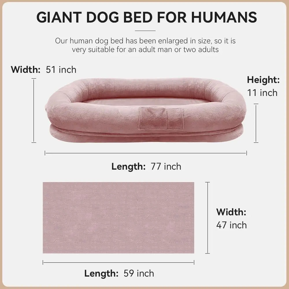 Jumbo Plush Dog Bed for Humans & Pets, 77x51x11 Inches, Waterproof, Removable Cover, Pink
