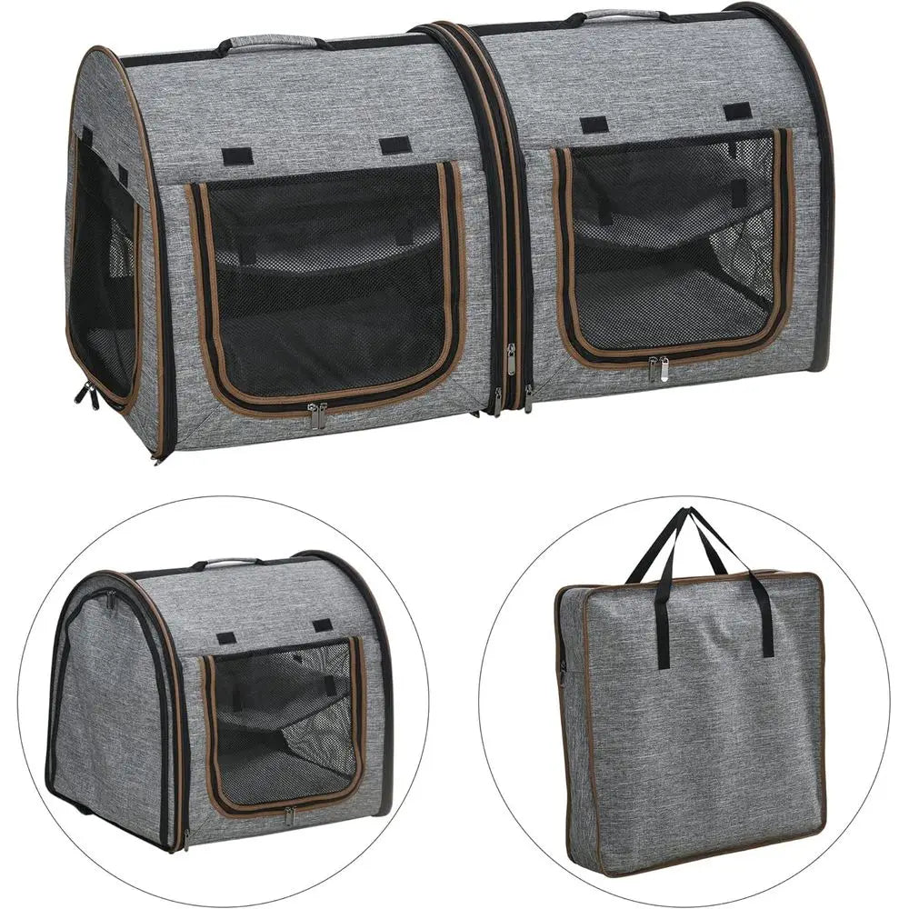 Portable Soft-Sided Cat Carrier for Travel, Dog Crate with Divider, Two Compartments, Cushions & Storage, Light Gray
