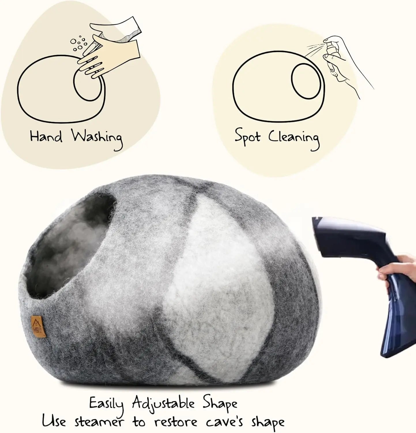 Premium Wool Cat Cave Handmade Natural Felt Bed for Cats Indoor Hideaway Large Gray White