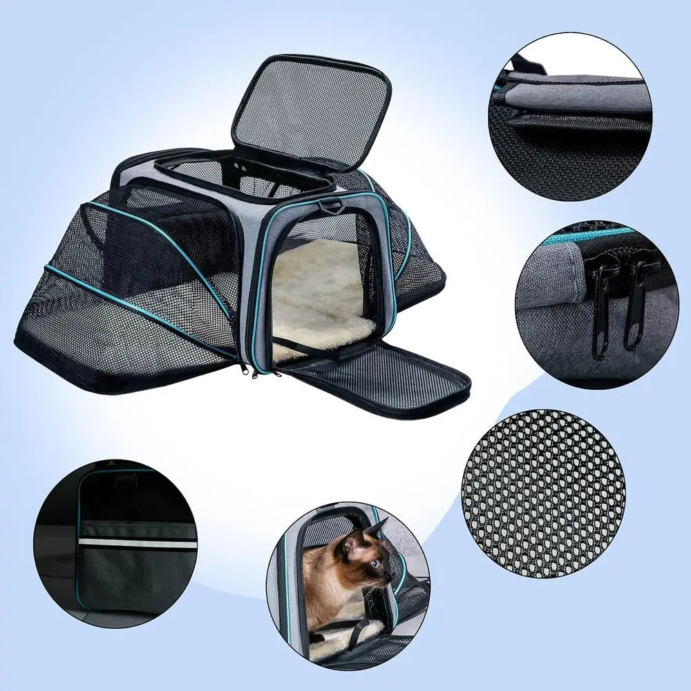 Cat Dog Carrier - Airline Approved Expandable Soft-Sided Pet Carrier with Removable Fleece Pad and Pockets, for Cats/Puppy and S