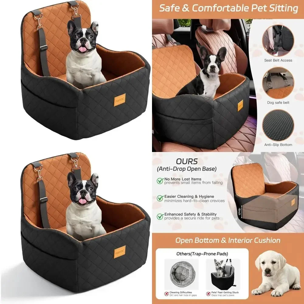 Elevated Pet Travel Seat for Small/Medium Dogs Up to 35lbs, Removable & Washable, 2 Pockets, Safety Belt, Anti-Slip, Seamless Bo