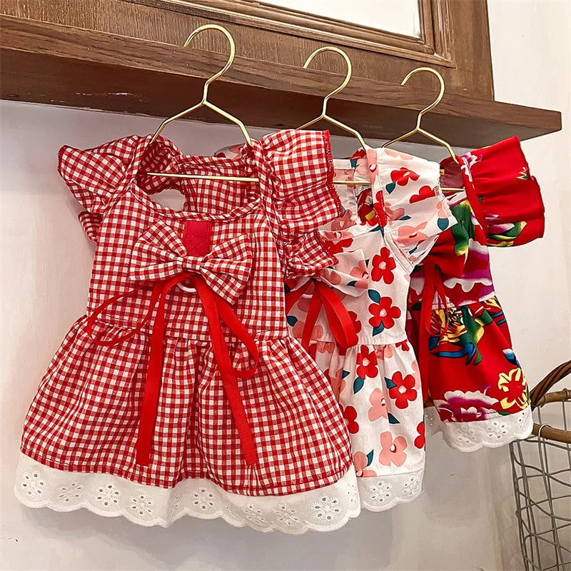 Summer Pet Dress Floral Pattern Plaid Skirts Cat Princess Dresses Chihuahua Yorkie Sweet Skirts Puppy Dog Costume Pet Supplies