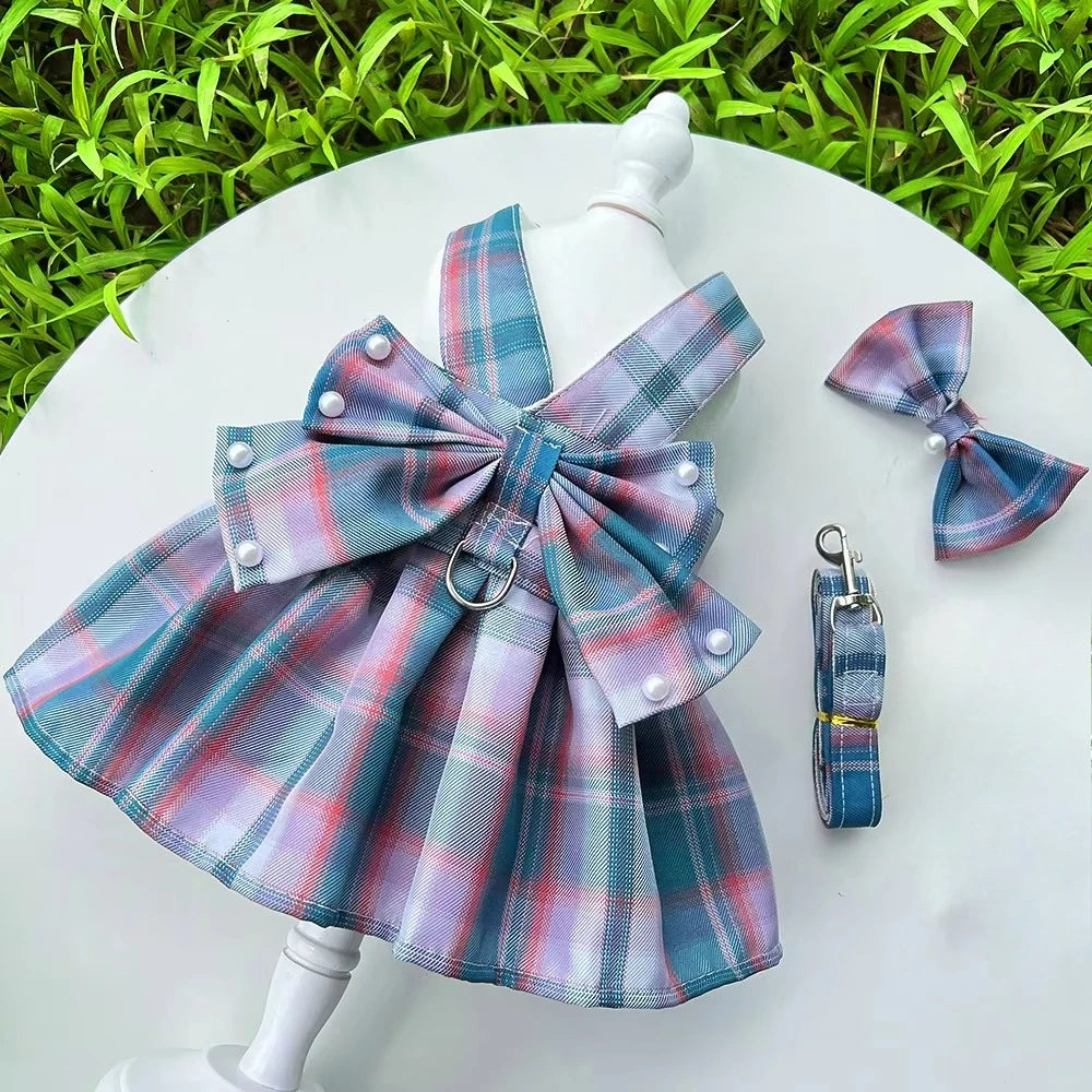 JK-Style Checkered Pet Dress Set - Bow Tie Harness Leash for Dogs & Cats (Christmas/Cosplay)