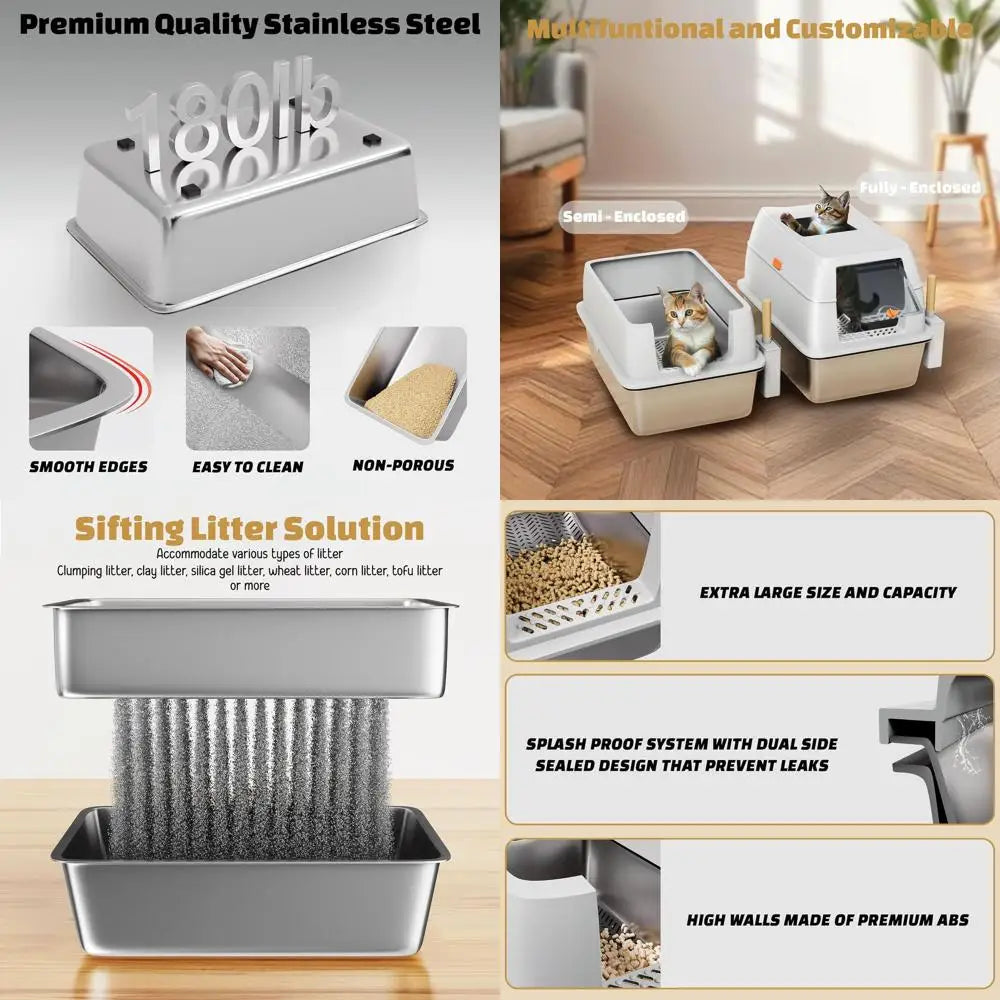 Extra Large Grey Enclosed Cat Litter Box for Pine Pellets and Clay, Odor-Free, Easy Maintenance, Leak-Proof Sifting Design