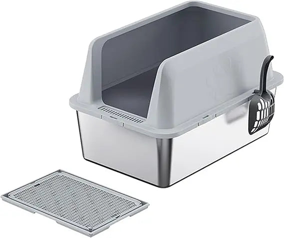 Large Stainless Steel Cat Litter Box with High Sides and Litter Mat for Easy Cleanup and Odor Control