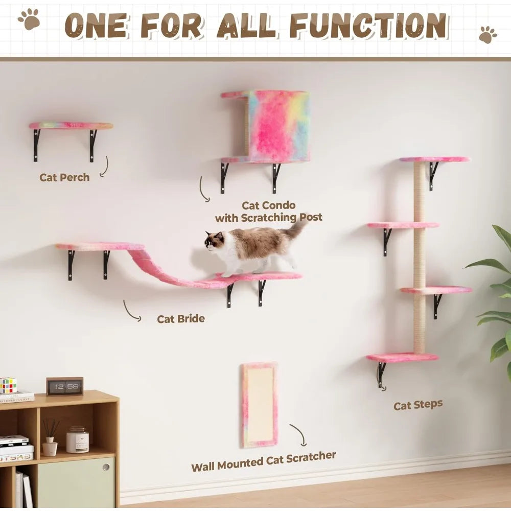 Wall-Mounted Cat Furniture Set: 5-Piece Floating Shelves and Perches for Cats in Vibrant Colors
