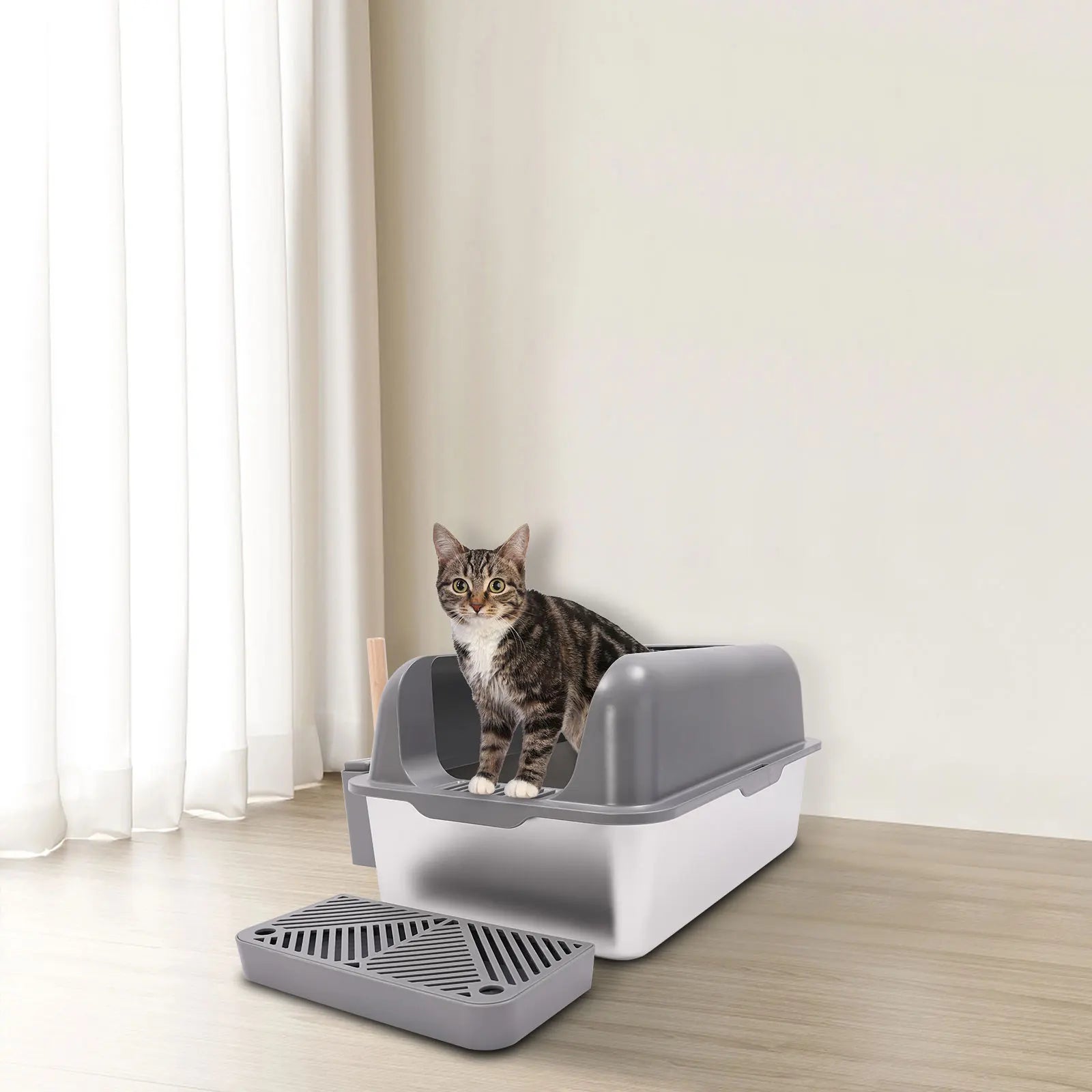 Stainless Steel Cat Litter Box with Protective Shovel Placed in Living Room, Hallway, Bedroom, Pet Store