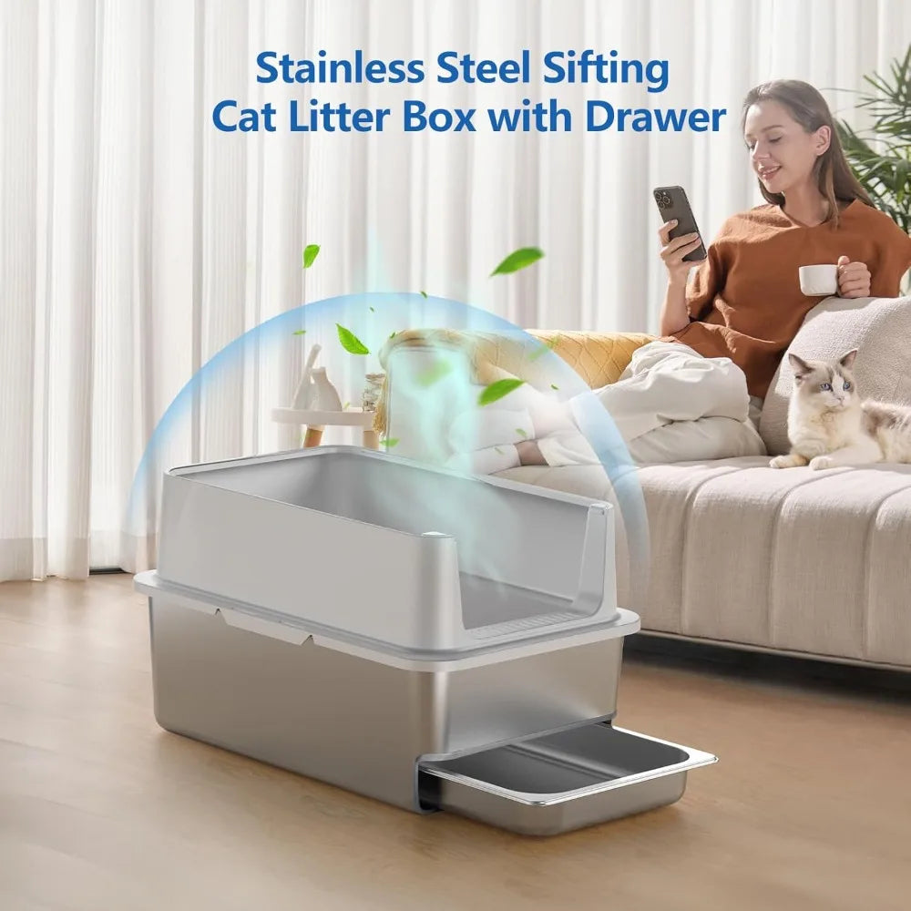 Extra Large Stainless Steel Sifting Litter Box with Drawers, 6 Lid & Metal Scoop, Ideal for XL Cats, Easy Clean Litter Tray