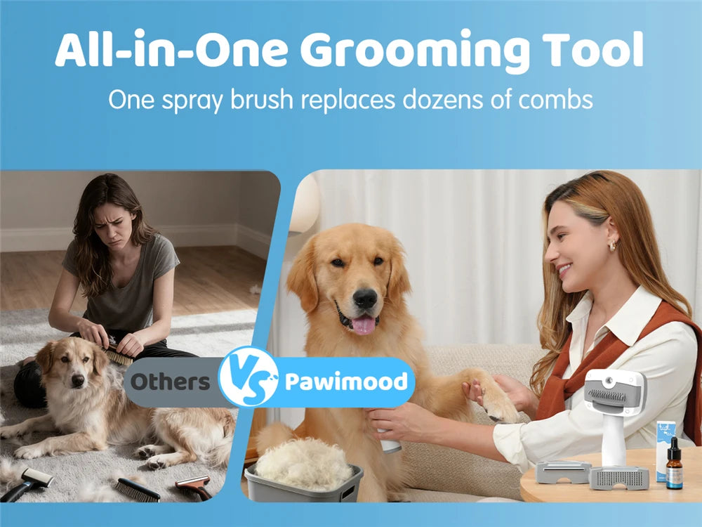 PAWIMOOD 3 in 1 Pet Steam Brush for Dogs Cats Spray Hair Removal Comb Self Cleaning 3 Swap Heads Grooming Dematting Deshedding