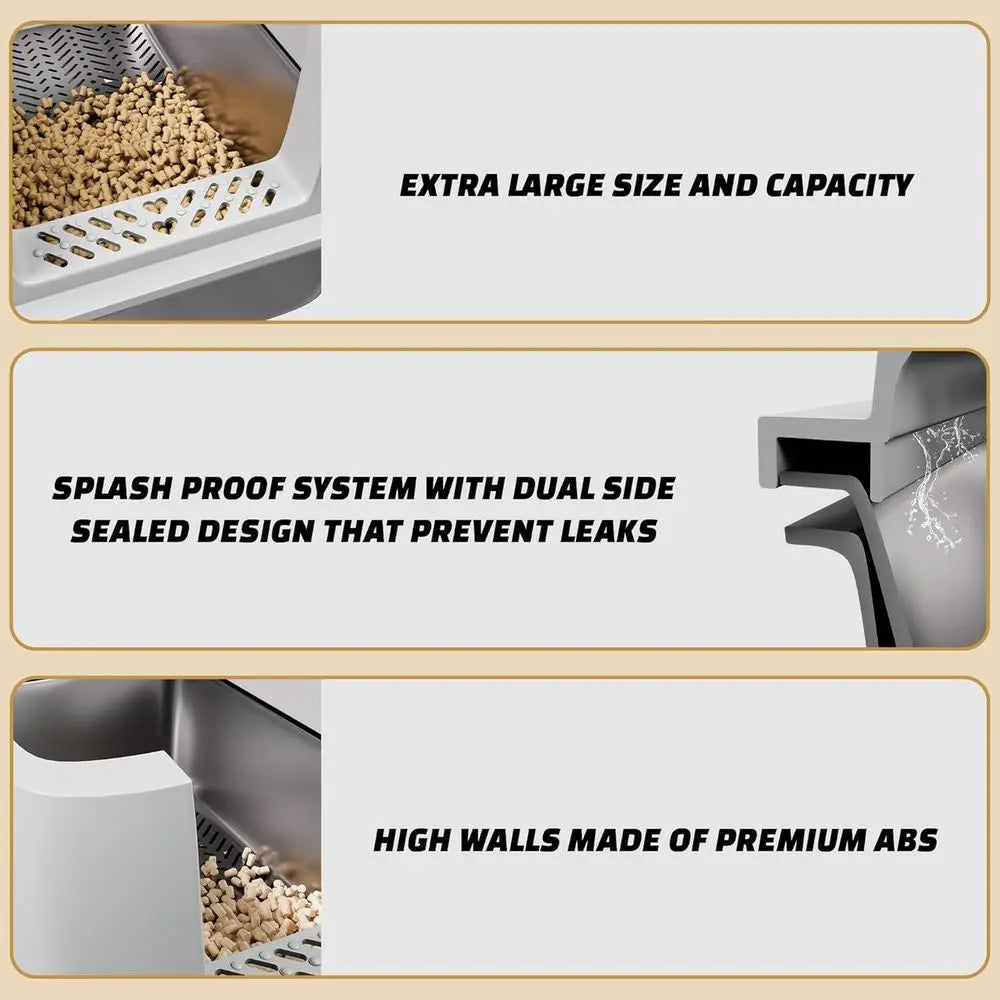 Extra Large Grey Enclosed Cat Litter Box for Pine Pellets and Clay, Odor-Free, Easy Maintenance, Leak-Proof Sifting Design
