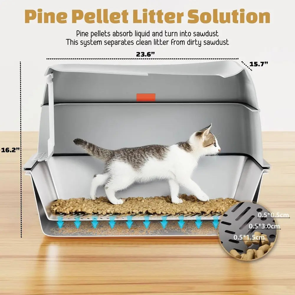Extra Large Grey Enclosed Cat Litter Box for Pine Pellets and Clay, Odor-Free, Easy Maintenance, Leak-Proof Sifting Design