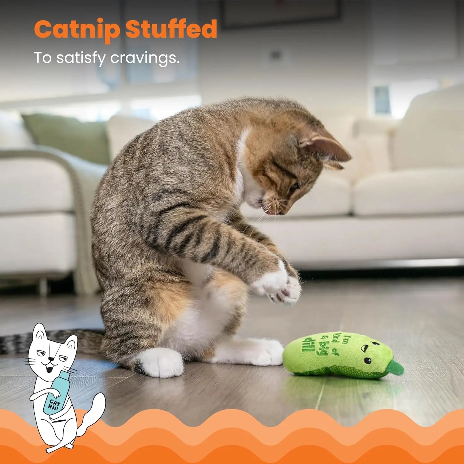 Crunchy Pickle Cat Toy with Crinkle Sound, Catnip & Dental Mesh - 6.5" Plush Kicker for Play