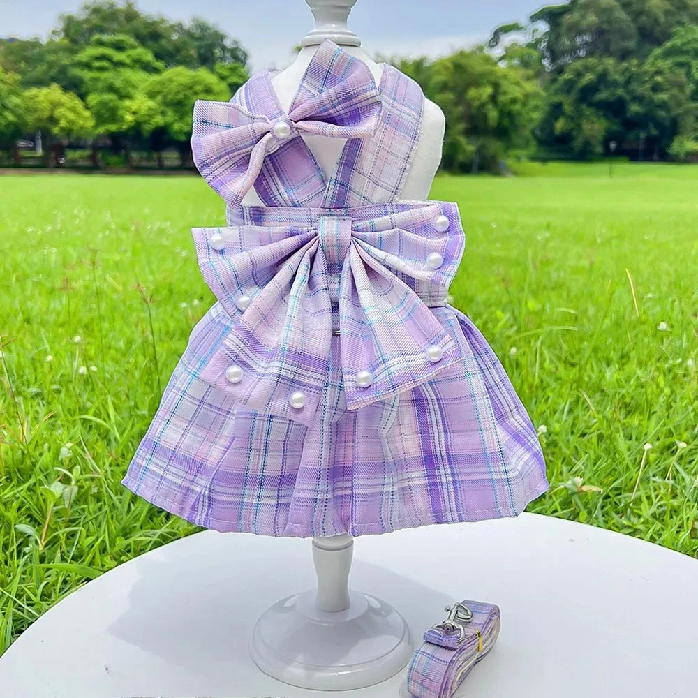 JK-Style Checkered Pet Dress Set - Bow Tie Harness Leash for Dogs & Cats (Christmas/Cosplay)