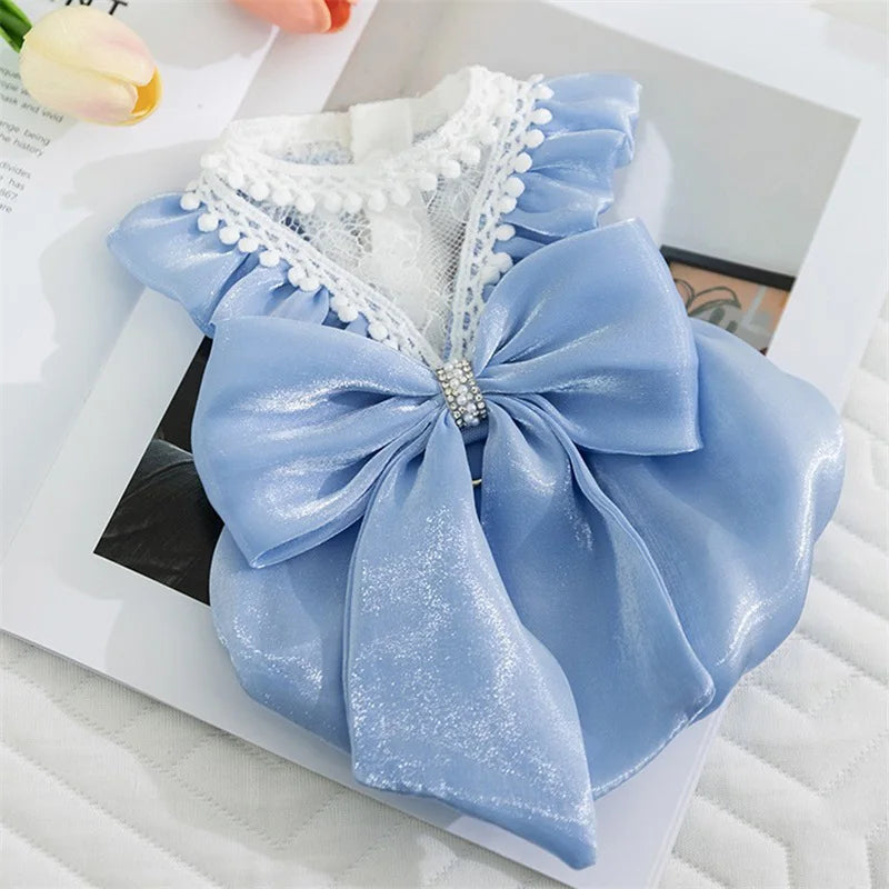 Adorable Small Dog Tutu Dress with Bowknot Lace Princess Puppy Clothes Outfit Apparel Female Cute Cat Skirt Patchwork Pet Dress