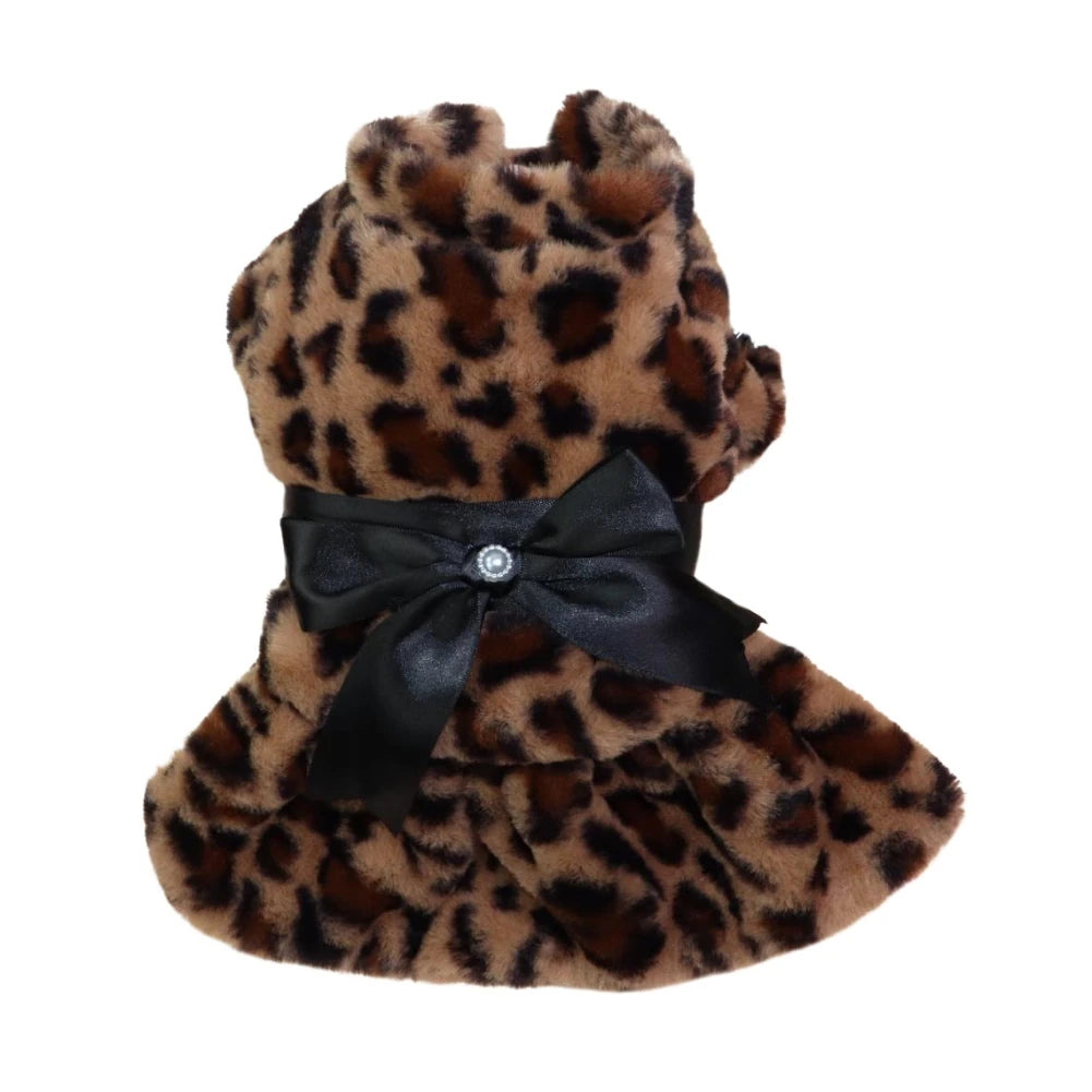 Autumn Winter Pet Dog Clothes Plush Coat Leopard Print Dress for Small Dog Cat Jacket Faux Fluffy Bowknot Skirt Bulldog Pug Pood