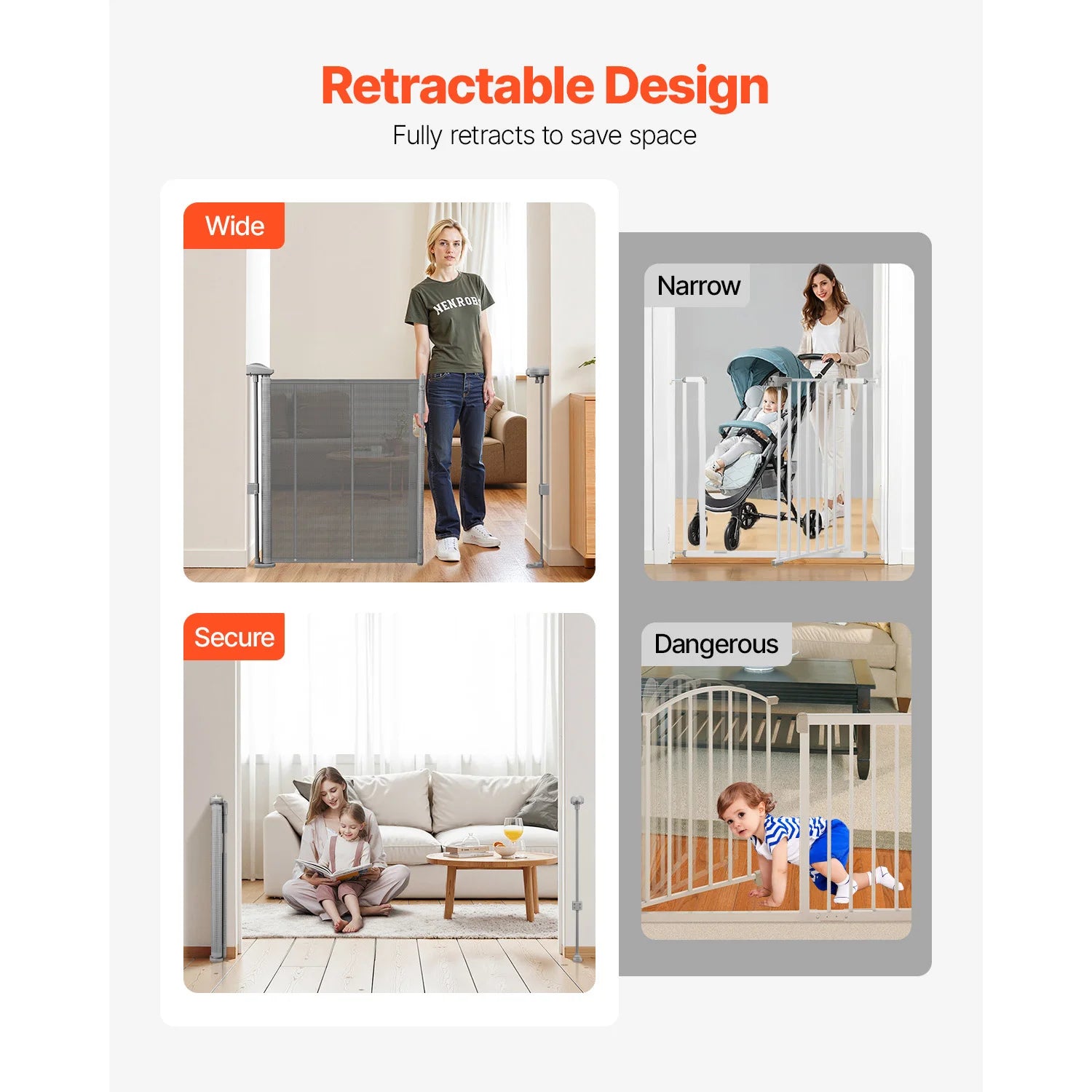 SucceBuy 55/71/110in Retractable Baby Gate 34in Tall Extends Wide Retractable Gate for Kids Pets Mesh Material Easy to Install