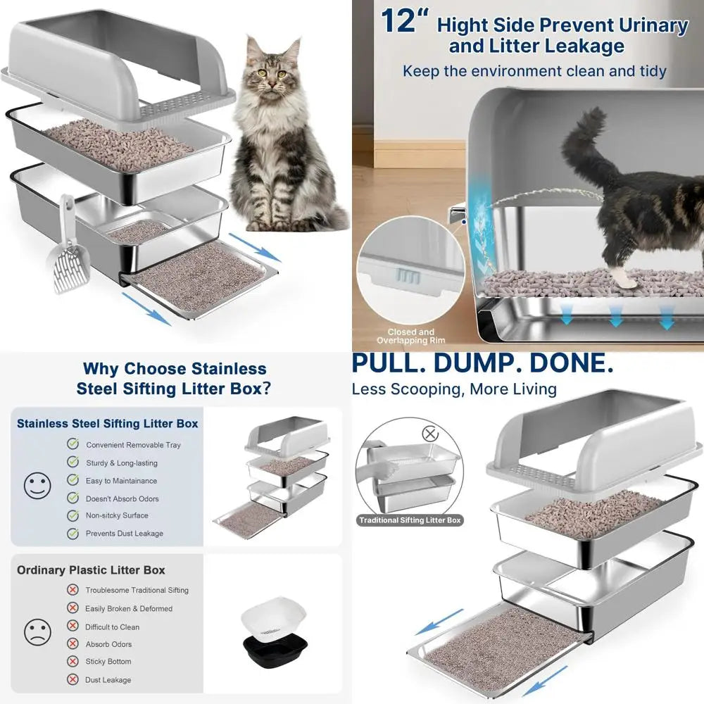 Extra Large Stainless Steel Sifting Litter Box with Removable Drawer for Pine Pellets, XL Enclosed Cat Litter Box with Lid for E