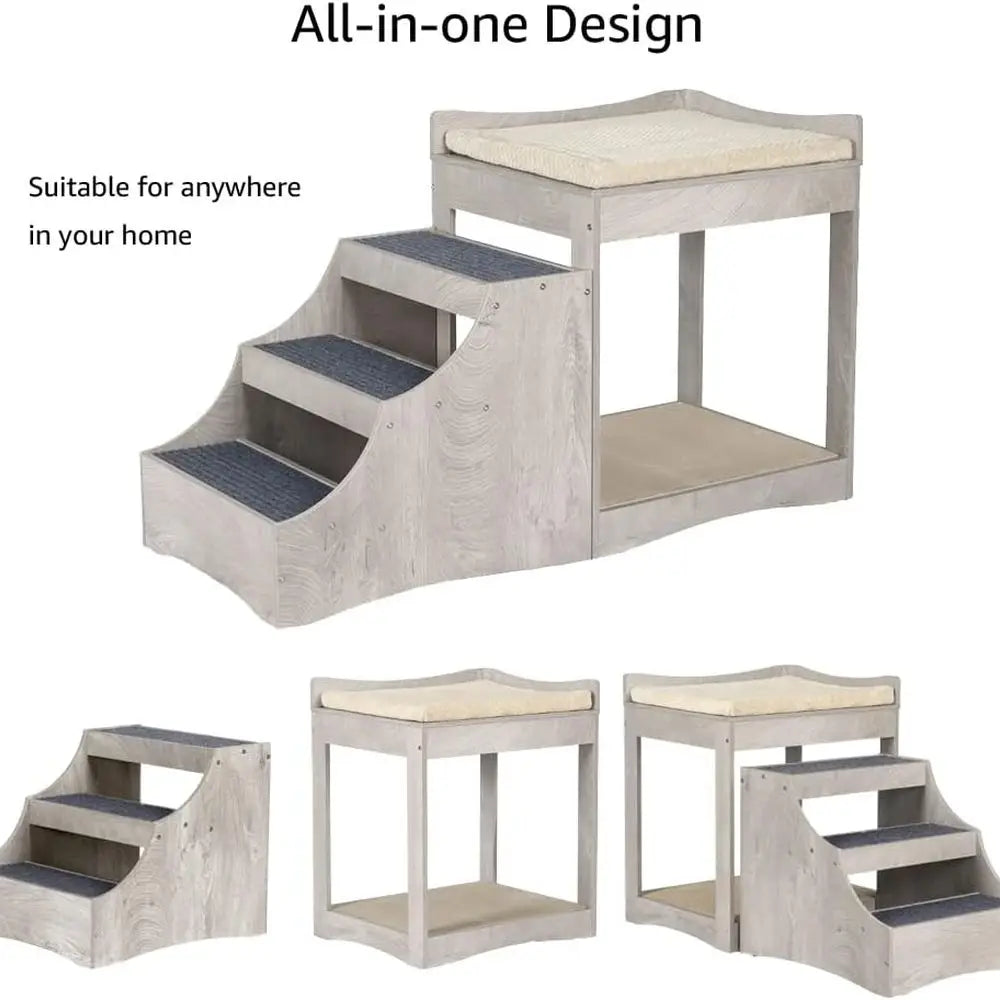 Pet Bunk Bed with Removable Step for Dogs and Cats, Multi-Level Bed Window Perch Seat Platform with Cushion and Cat Scratch Pad,