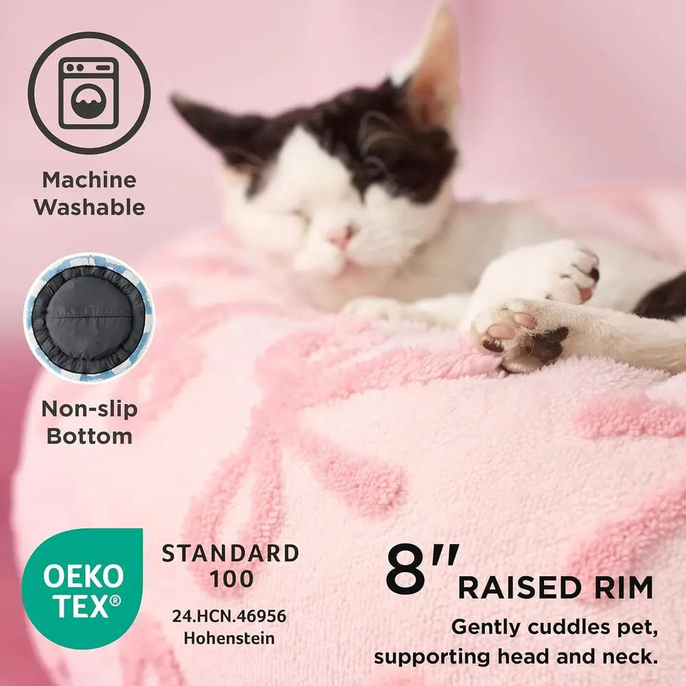 Round Plush Dog Bed for Large Dogs and Cats, 36 Pink Taffy, Washable, Anti-Anxiety, Modern Design with Anti-Slip Base
