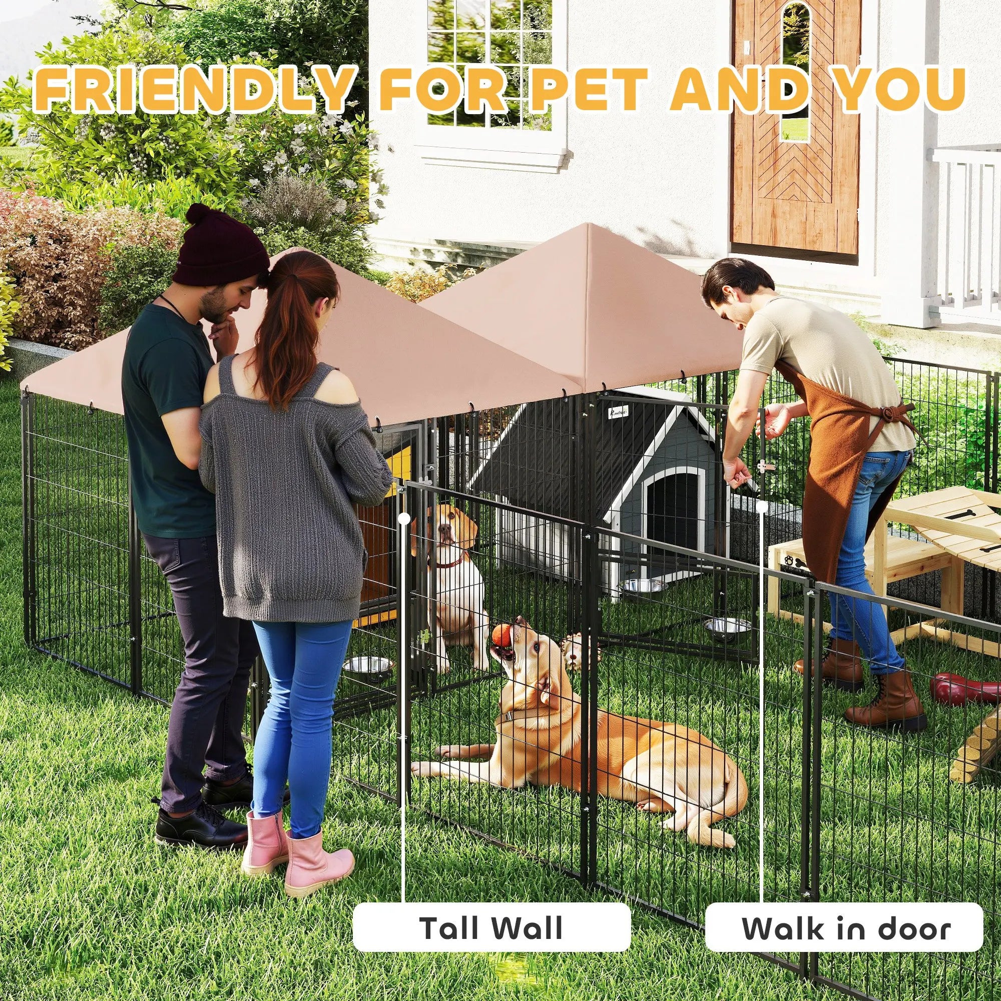 Dog Kennel Outdoor with Rotating & Adjustable Height Bowls