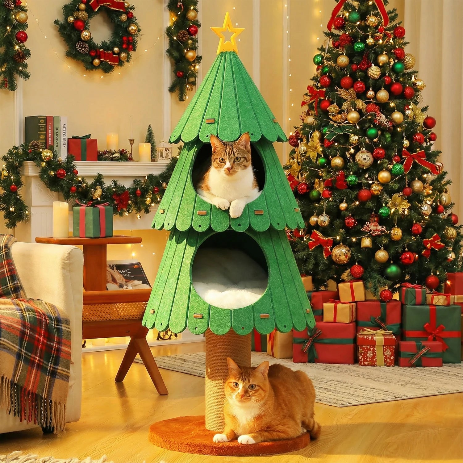 Christmas Cat Tree for Indoor Cats Cute Cat Tower with Cozy Condos Multi-Cat Climbing Furniture Large Cat Bed House Cat Toys