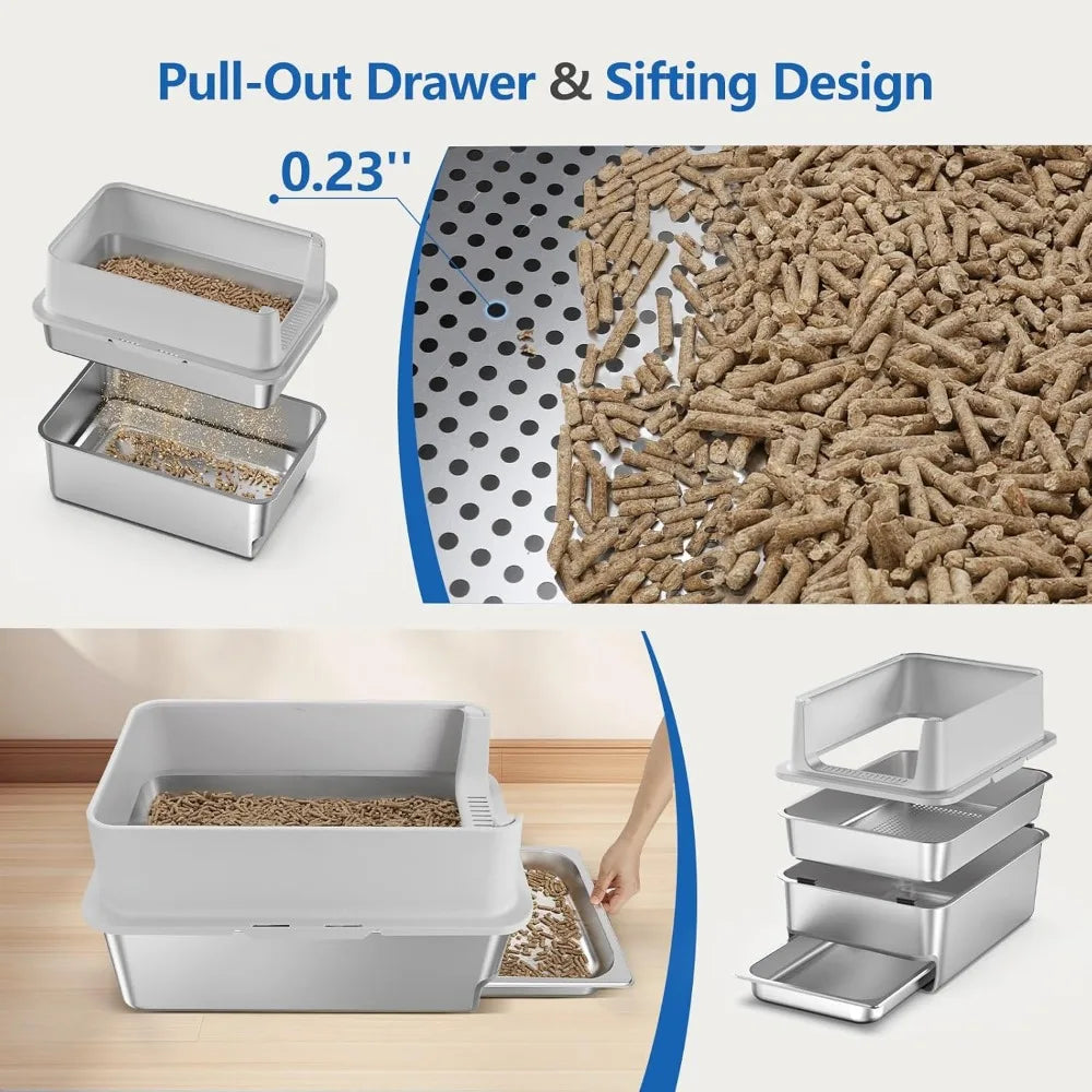 Extra Large Stainless Steel Sifting Litter Box with Drawers, 6 Lid & Metal Scoop, Ideal for XL Cats, Easy Clean Litter Tray