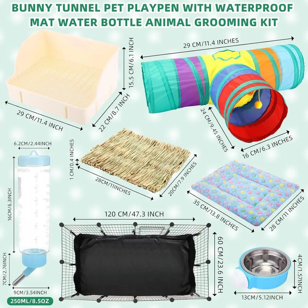 104 Pcs Rabbit Starter Kit Litter Box Bunny Tunnel Pet Playpen with Waterproof Mat Water Bottle Animal Grooming Kit Bowl Blanket