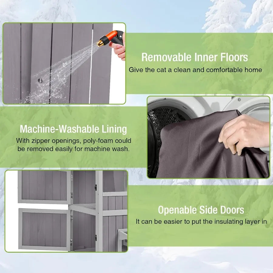 Heated Outdoor Cat House with Insulated Liner 2-Story Feral Cat Shelter with Heater Weatherproof Wooden Kitty Shelter with Wind