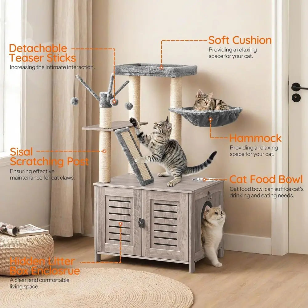 HOOBRO Cat Tree with Litter Box Enclosure, 44" Tall Wooden Cat Tower with Scratching Posts, Cat Hammock, Hidden Litter Box Furni