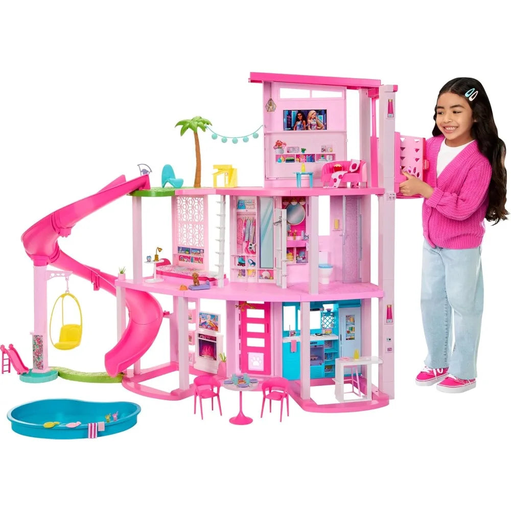 barbie dreamhouse, doll house playset with 75+ pieces including toy furniture & 3-story pool slide, pet elevator & puppy play ar