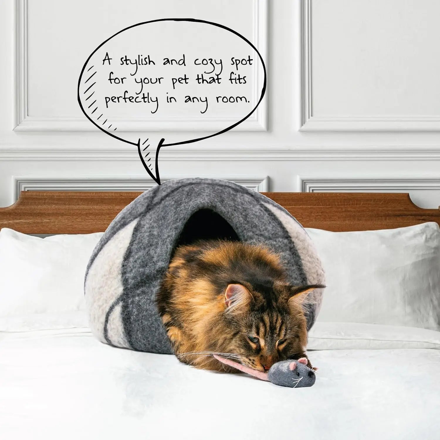 Premium Wool Cat Cave Handmade Natural Felt Bed for Cats Indoor Hideaway Large Gray White